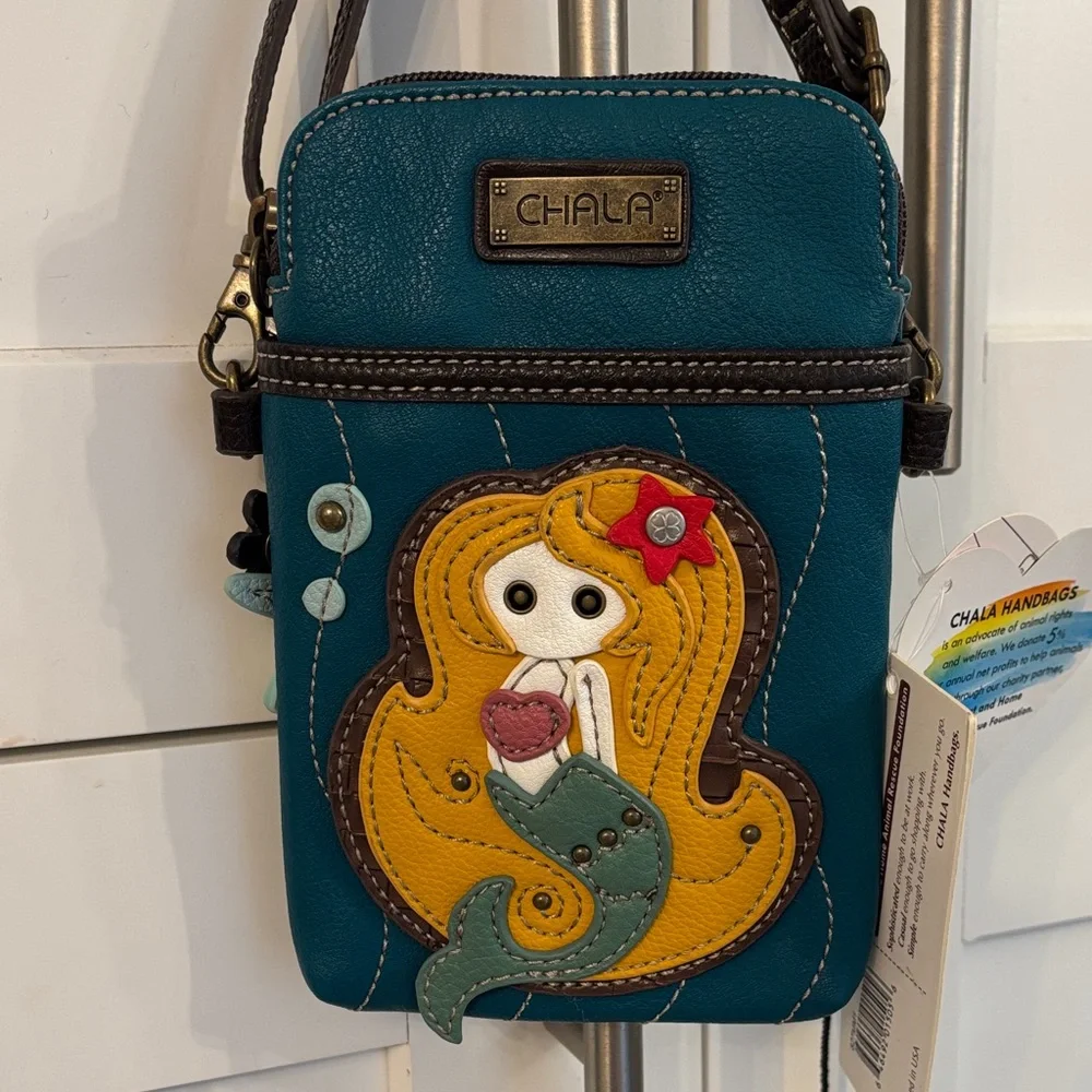 Chala Teal and Brown Crossbody with Mermaid Patch - Picture 3 of 7